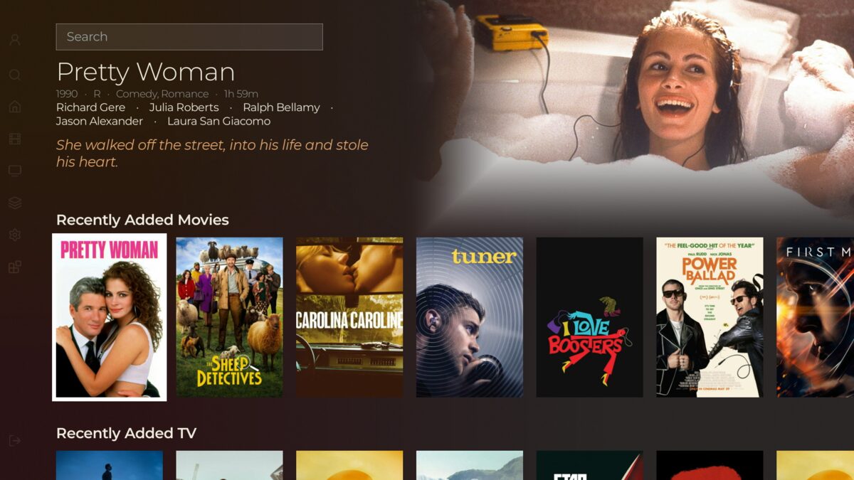 Reel's Home screen: the left rail collapsed to a slim icon gutter, a focused film re-tinting the whole page its own colors, a Continue Watching row below.