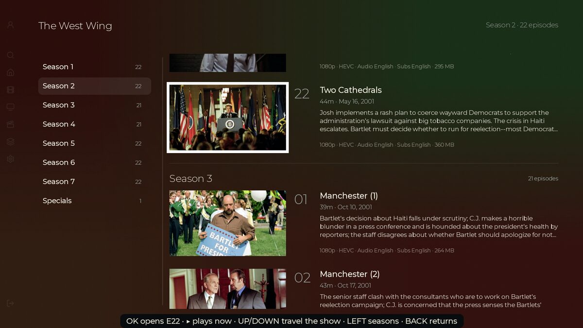 The Episode Atlas crossing from Season 2 into Season 3 of The West Wing: a focused episode beside the season map, with its title, summary, air date, runtime, and file facts all in view.