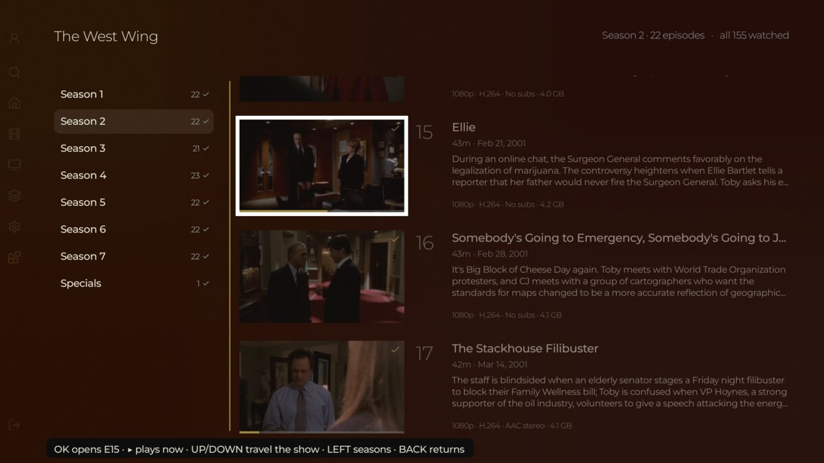 The Episode Atlas: a continuous river of episode cards beside a season map, watched ticks on every card, and a facts line under each episode - this show honestly reads 'all 155 watched'.