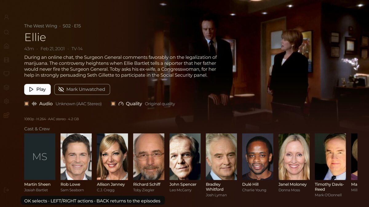 An episode's own page: its still as the hero, a kicker naming the show, season and episode, the facts line, and guest cast below.