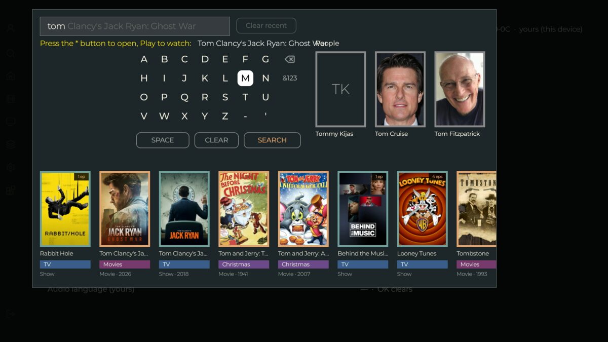 The search overlay floating over the page: live results for 'tom', a people row with headshots, and result cards color-coded by type.