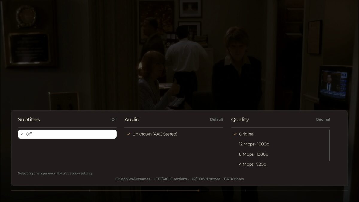 The in-player Console: Subtitles, Audio, and Quality as three side-by-side columns on one sheet, with a note that caption choices change the TV's own setting.