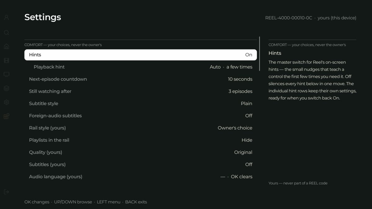 Settings: the live configuration key in the header reading 'yours (this device)', comfort choices leading the list, and a right-hand pane narrating the focused setting in plain English.