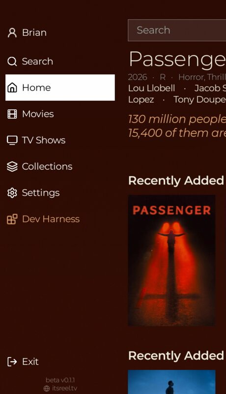 The rail expanded over the page: profile row on top, then Search, Home, Movies, TV Shows, Collections, Settings - with a beta version badge at the bottom.