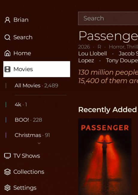 The rail's accordion open under Movies: every library with an honest count - All Movies 2,489, then the owner's smaller rooms, each with its own thread color.