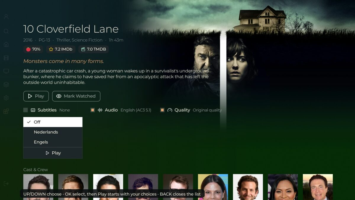 A film's detail page with the subtitle dropdown open directly beneath its checkbox - Off, Nederlands, Engels - and a Play row waiting inside the same list.